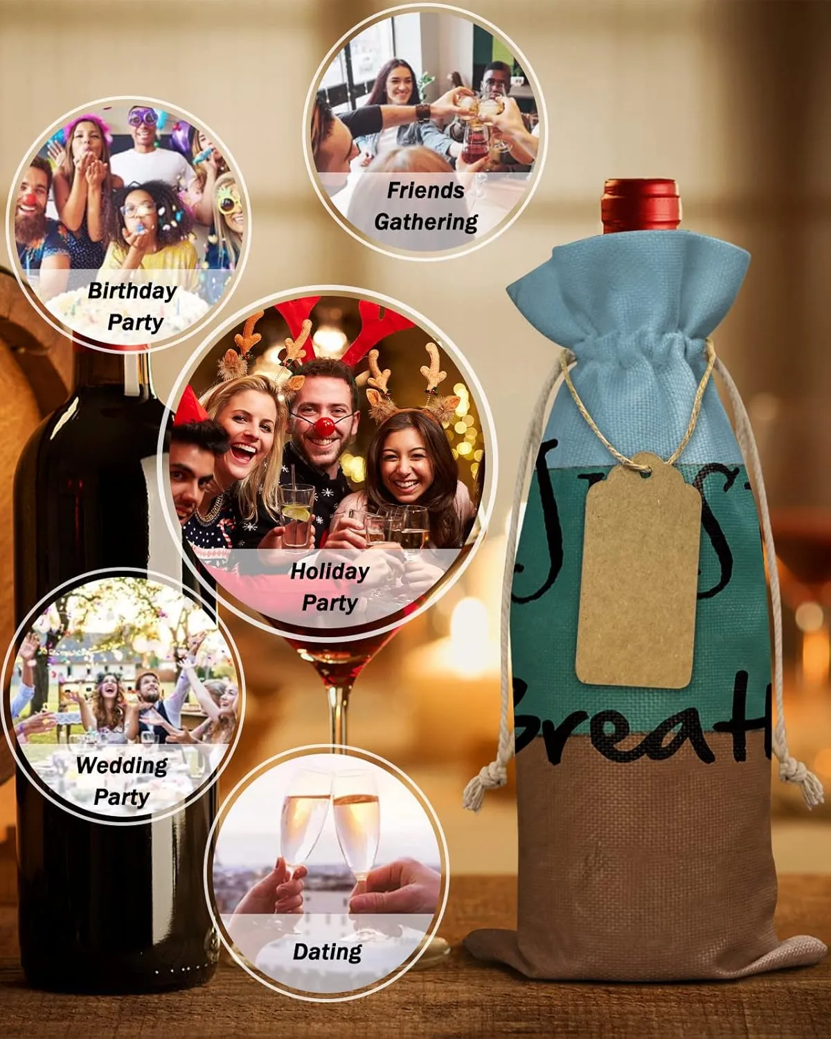 Wine Bags for Wine Bottles Gifts, Wine Bottle Bag with Drawstrings, Just Breath Blue Green and Brown Stripes Wood Texture Wine Tote for Travel, Birthday, Blind Tastings, Christmas, Home Storage