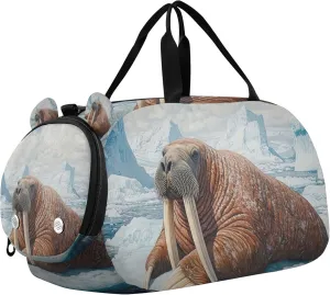 Winter Walrus Duffle Bag for Toddler Girls Boys, Sports Gym Bag with Shoe Compartments, Kids Travel Overnight Weekender Shoulder Bag