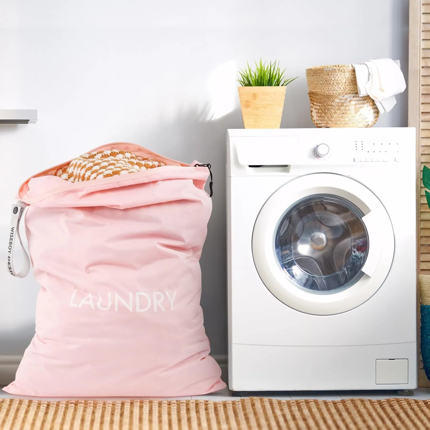 WiseBoy Laundry Bag, 23.6x35 inch Oversized Laundry Bags, Travel Laundry Bag Dirty Clothes Organizer, Nylon Wet Dry Storage Bag for College Dorm, Camping, Caravan, Pink