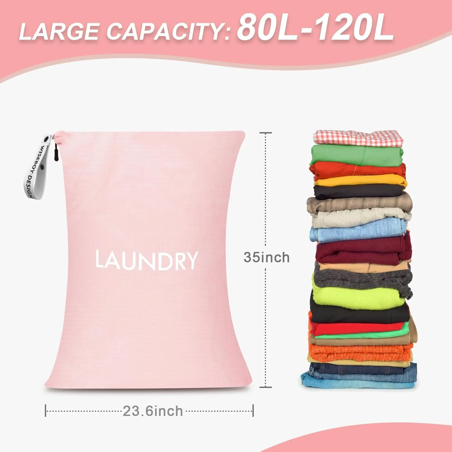 WiseBoy Laundry Bag, 23.6x35 inch Oversized Laundry Bags, Travel Laundry Bag Dirty Clothes Organizer, Nylon Wet Dry Storage Bag for College Dorm, Camping, Caravan, Pink