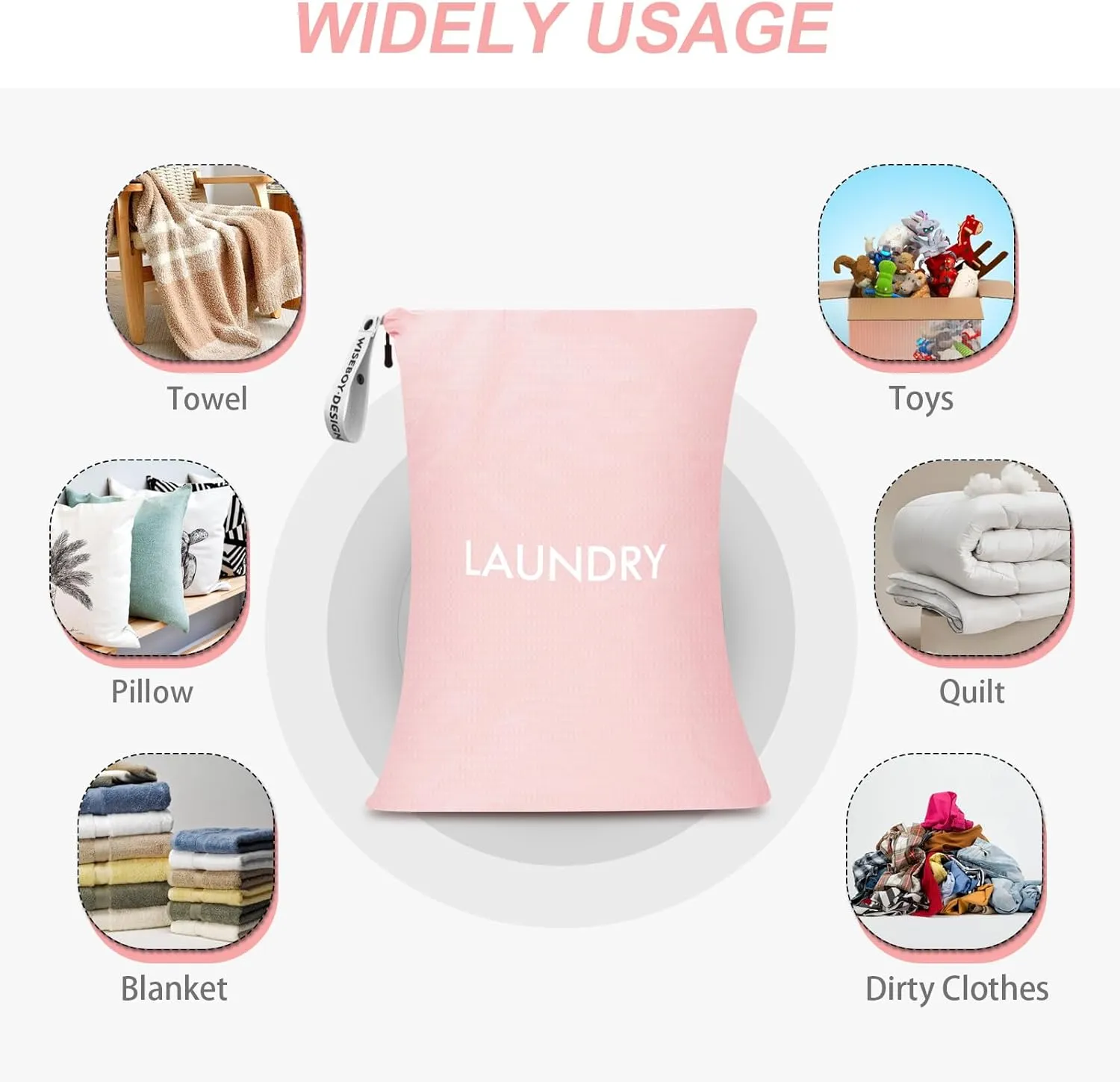 WiseBoy Laundry Bag, 23.6x35 inch Oversized Laundry Bags, Travel Laundry Bag Dirty Clothes Organizer, Nylon Wet Dry Storage Bag for College Dorm, Camping, Caravan, Pink