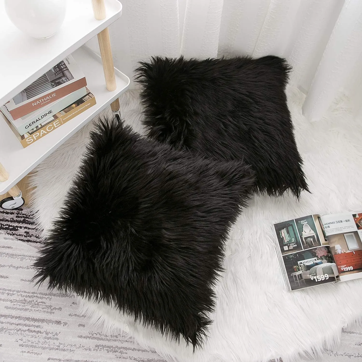 WLNUI Set of 2 Black Decorative Pillow Covers New Luxury Series Merino Style Faux Fur Fluffy Throw Pillow Covers Square Fuzzy Cushion Case 18x18 Inch