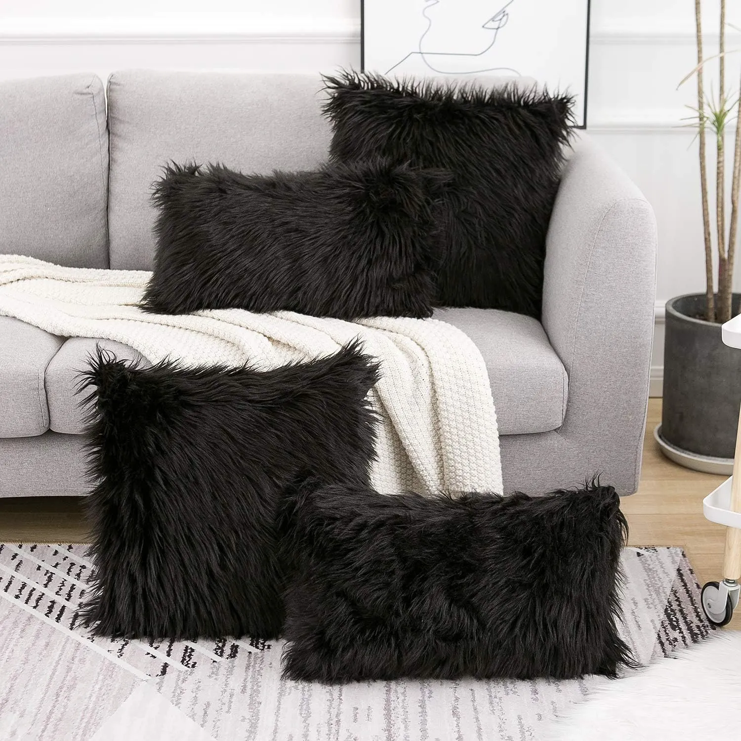 WLNUI Set of 2 Black Decorative Pillow Covers New Luxury Series Merino Style Faux Fur Fluffy Throw Pillow Covers Square Fuzzy Cushion Case 18x18 Inch