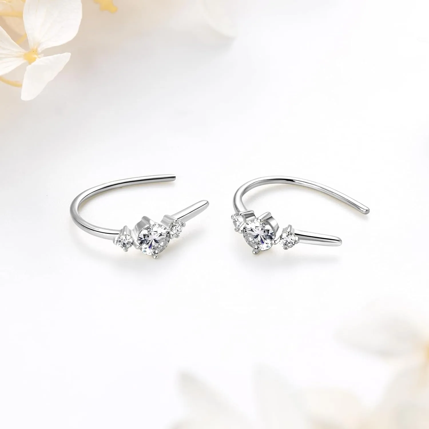WOAINI Open Hoop Earrings in 925 Sterling Silver with 3 Moissanite Stones, Hypoallergenic Moissanite Huggie Hoops for Women, Diamond-Alternative Elegant Jewelry Gift for Her