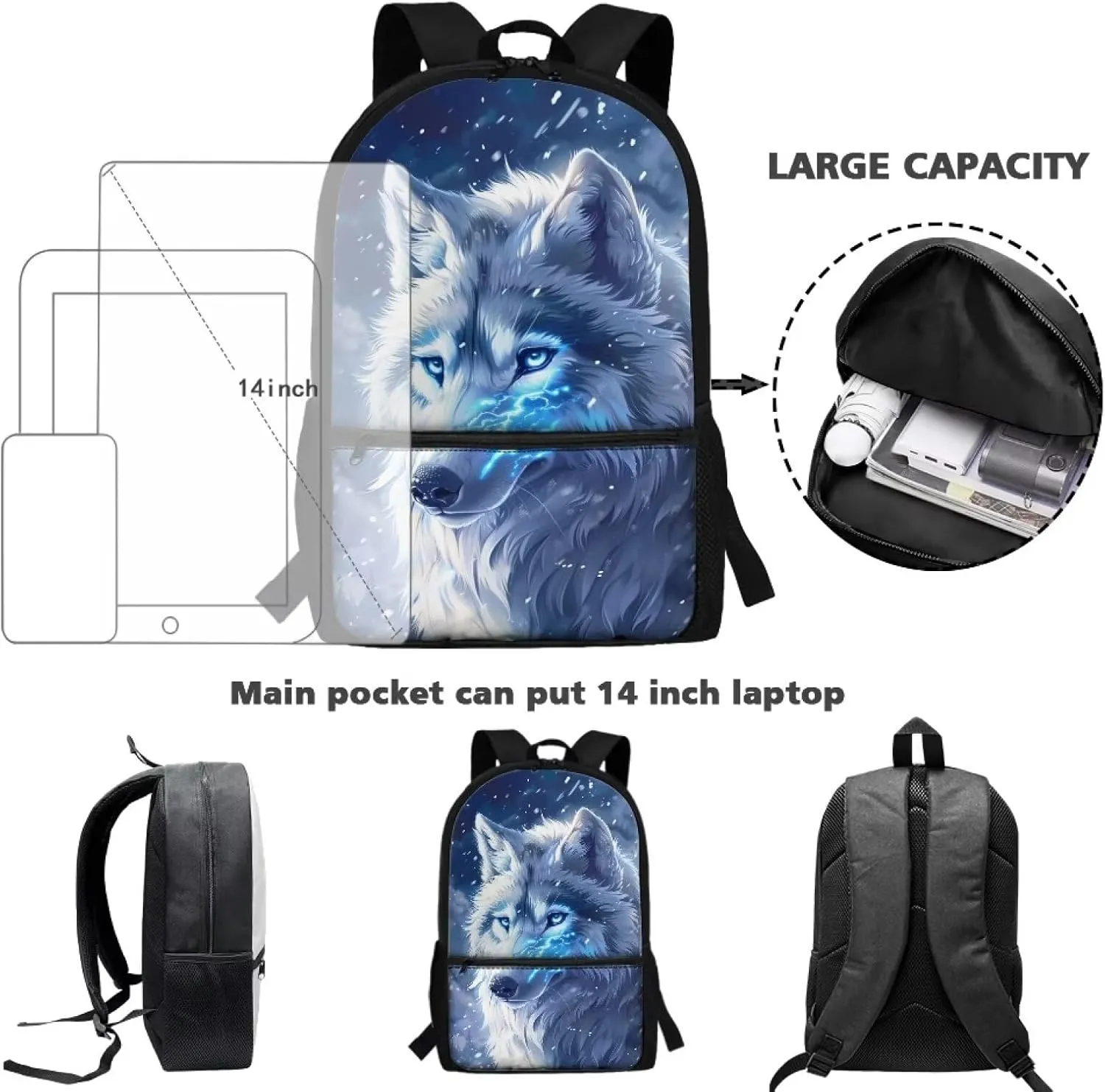 Wolf Backpack for School Kids School Bag with Bottle Holder Bookbags for 5th Grade Girls Middle School Animal Book Bag 17 Inch Children's School Bags from 2 to 9 Years