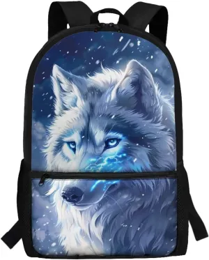 Wolf Backpack for School Kids School Bag with Bottle Holder Bookbags for 5th Grade Girls Middle School Animal Book Bag 17 Inch Children's School Bags from 2 to 9 Years