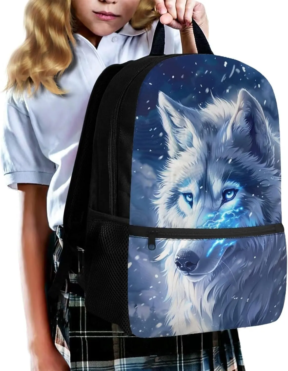 Wolf Backpack for School Kids School Bag with Bottle Holder Bookbags for 5th Grade Girls Middle School Animal Book Bag 17 Inch Children's School Bags from 2 to 9 Years