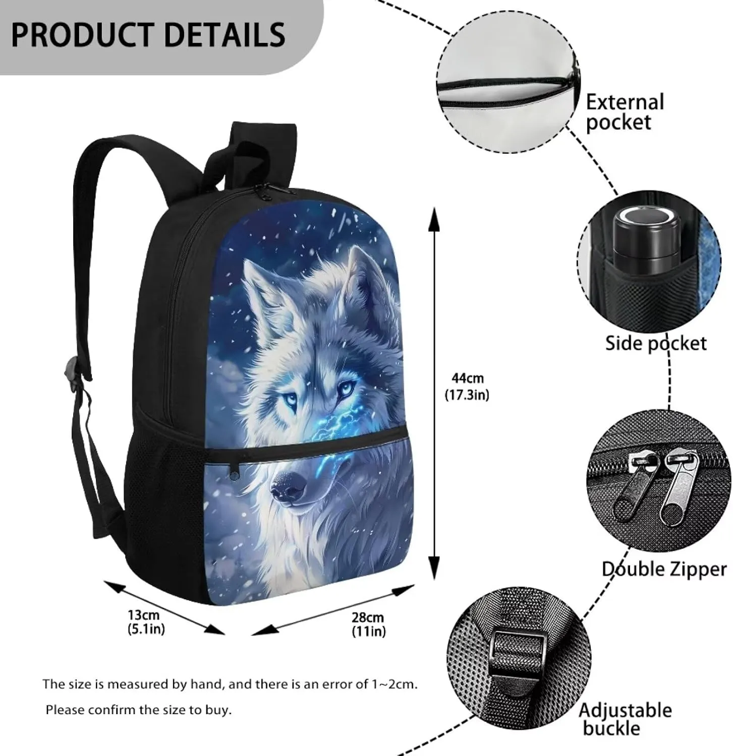 Wolf Backpack for School Kids School Bag with Bottle Holder Bookbags for 5th Grade Girls Middle School Animal Book Bag 17 Inch Children's School Bags from 2 to 9 Years