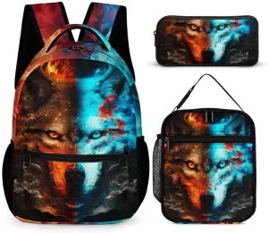 Wolf Backpack with Lunch Box & Pencil Case for Kids Girls Boys School, 16 Inch Cute Wolf Bookbag, School Backpack for Students Children, Lightweight, Large Capacity