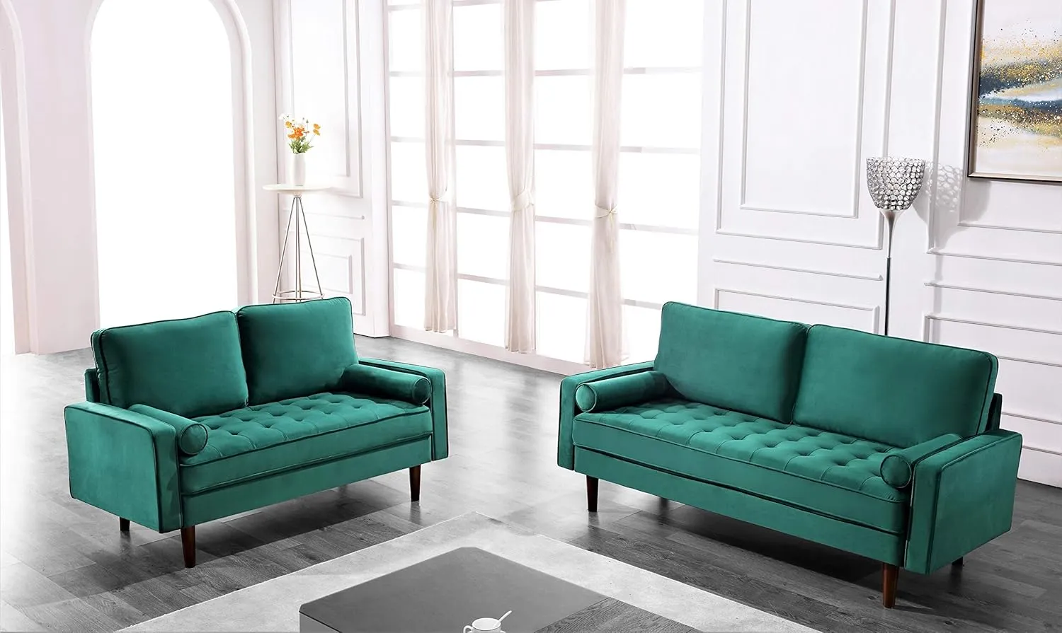 Womble Mid Century Modern Velvet Couch for Living Room with 3 Seater Tufted Seat and Sturdy Wood Frame, Includes Bolster Pillows, Sofa, Green