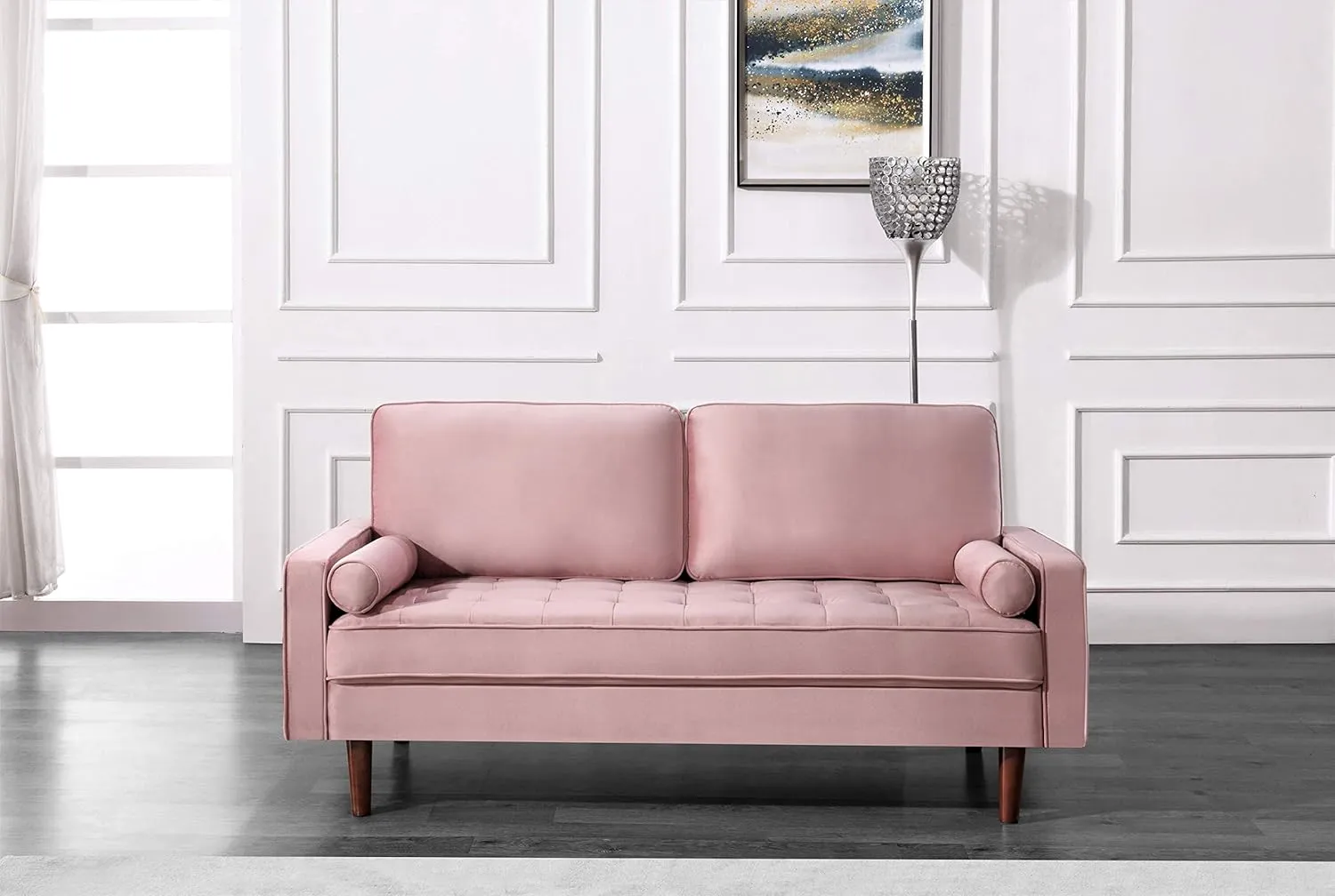 Womble Mid Century Modern Velvet Couch for Living Room with 3 Seater Tufted Seat and Sturdy Wood Frame, Includes Bolster Pillows, Sofa, Rose Pink