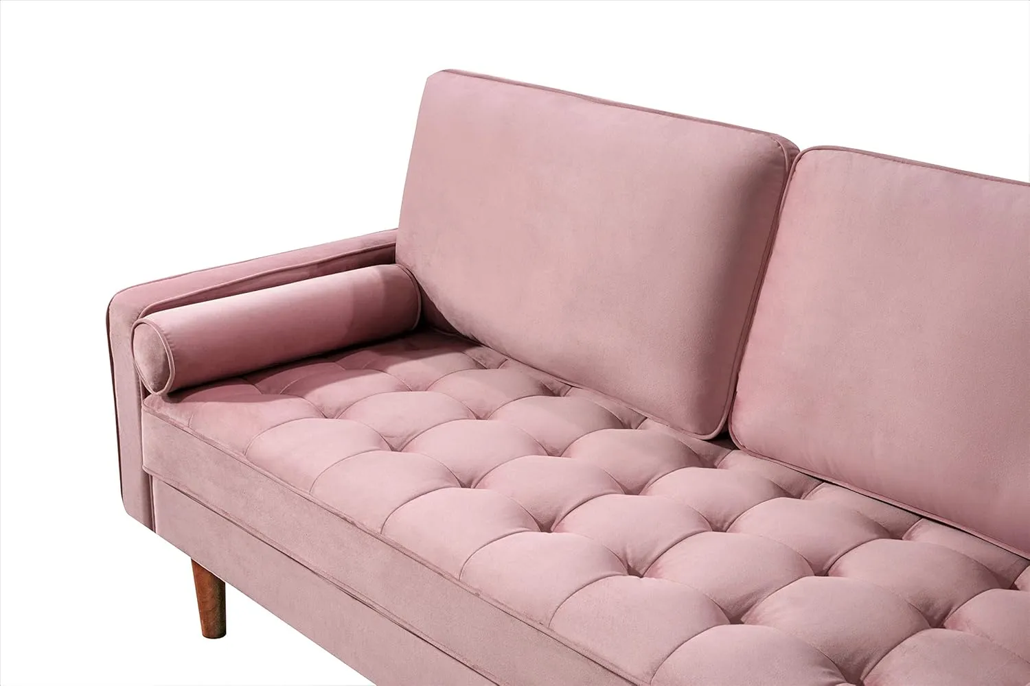Womble Mid Century Modern Velvet Couch for Living Room with 3 Seater Tufted Seat and Sturdy Wood Frame, Includes Bolster Pillows, Sofa, Rose Pink