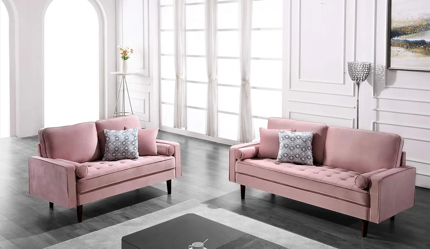Womble Mid Century Modern Velvet Couch for Living Room with 3 Seater Tufted Seat and Sturdy Wood Frame, Includes Bolster Pillows, Sofa, Rose Pink