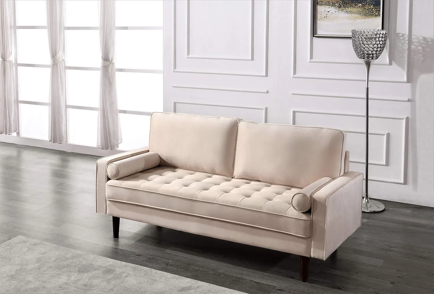 Womble Velvet Upholstered Living Room Diamond Tufted Chesterfield Sofa with Gleaming Nailheads, Beige