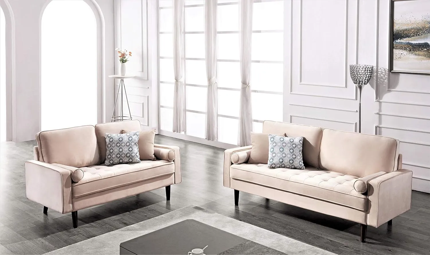 Womble Velvet Upholstered Living Room Diamond Tufted Chesterfield Sofa with Gleaming Nailheads, Beige