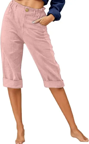 Women Capri Pants Cotton Linen Summer Casual High Waist Cropped Trousers Straight Leg Beach Vacation Outfit