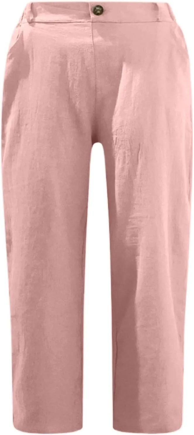 Women Capri Pants Cotton Linen Summer Casual High Waist Cropped Trousers Straight Leg Beach Vacation Outfit