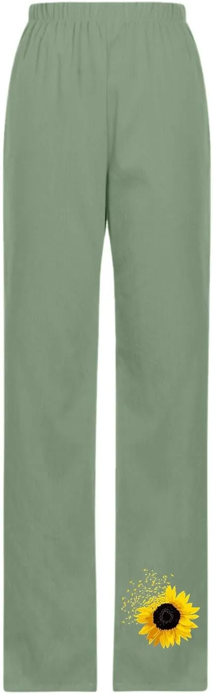 Women Cotton Linen Baggy Pants Summer Drawstring Casual Printed Lounge Pant 2025 Beach Vacation Pant with Pockets