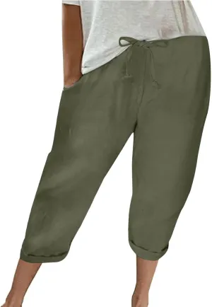 Women Cotton Linen Capris Pant High Elastic Drawstring Solid Sweatpant Stretch Loose Fit Summer Trouser Casual Pants