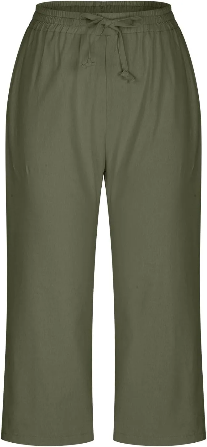 Women Cotton Linen Capris Pant High Elastic Drawstring Solid Sweatpant Stretch Loose Fit Summer Trouser Casual Pants