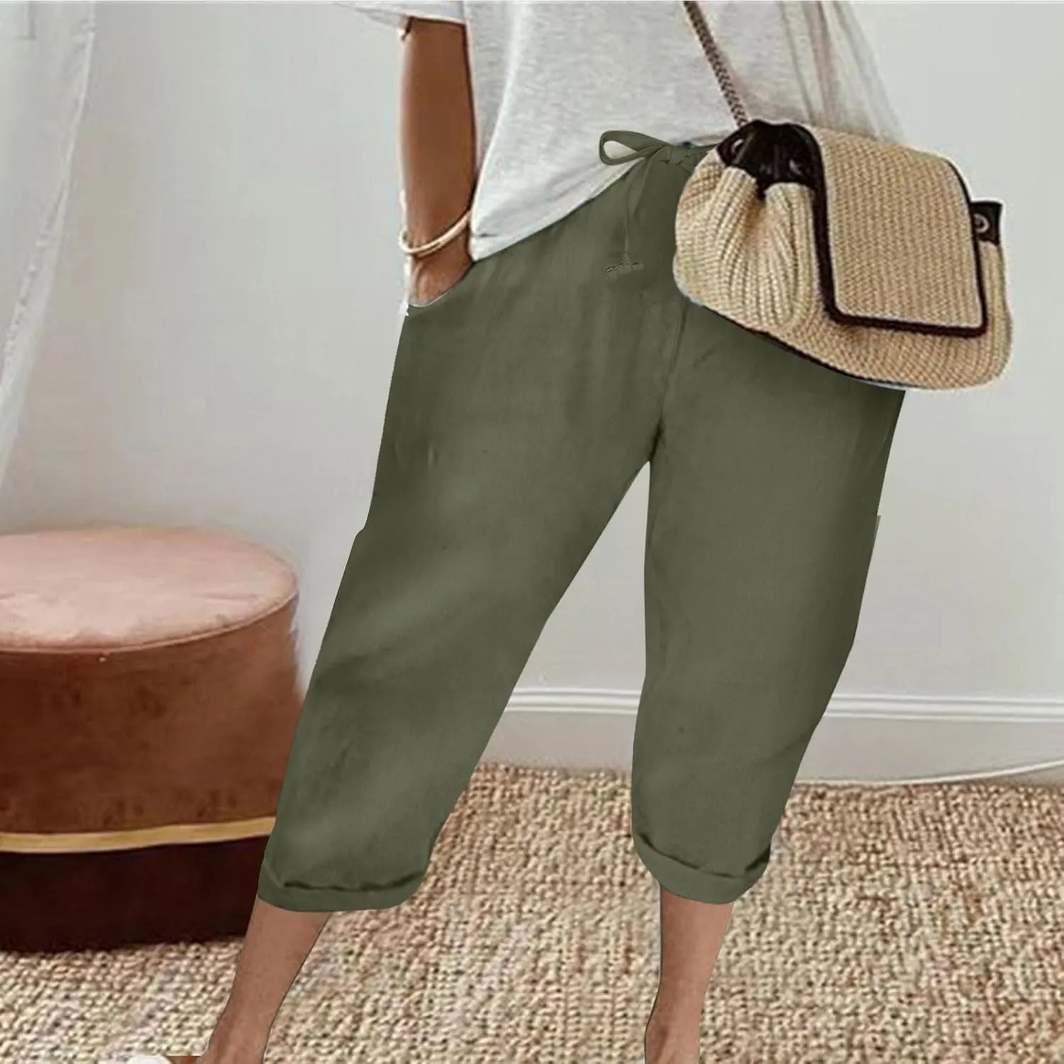 Women Cotton Linen Capris Pant High Elastic Drawstring Solid Sweatpant Stretch Loose Fit Summer Trouser Casual Pants