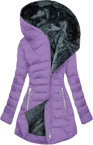 Women Down Puffer Jacket with Hood Trendy Winter Fashion Lined Hooded Snow Coat Jacket Outwear Long Jackets for