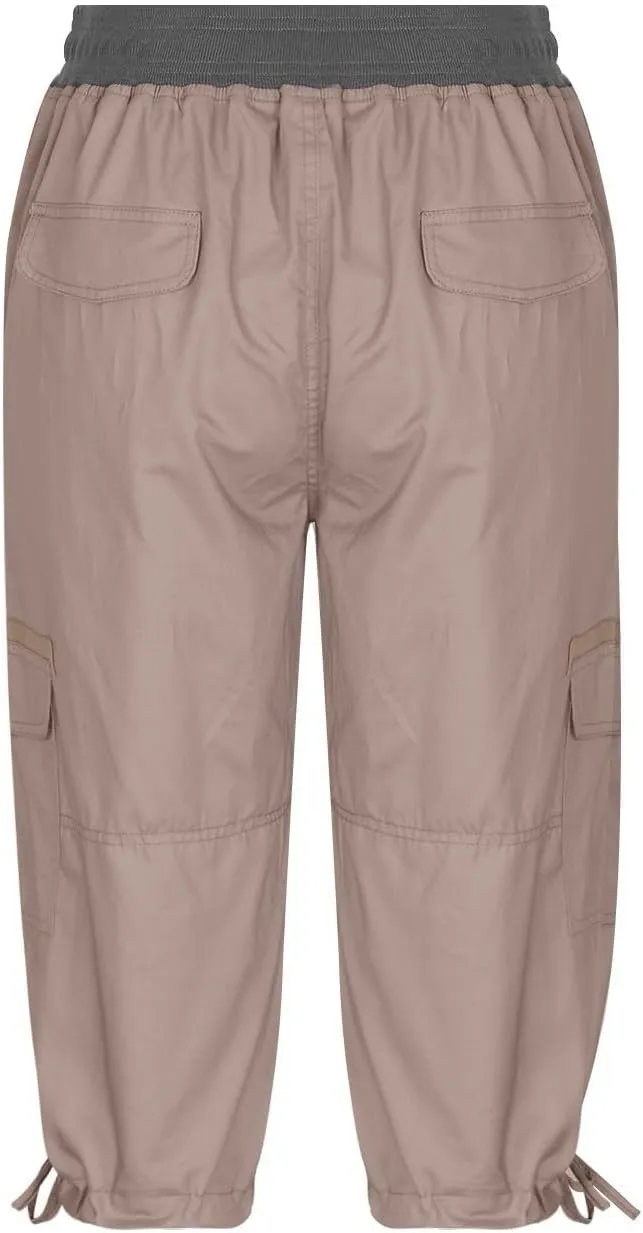 Women Hiking Cargo Capri Drawstring Waist Button Decor Capris Plus Size Joggers Sports Shorts Trousers with Pocket