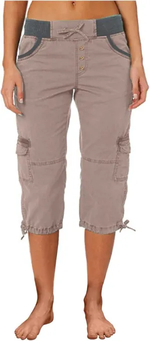 Women Hiking Cargo Capri Drawstring Waist Button Decor Capris Plus Size Joggers Sports Shorts Trousers with Pocket