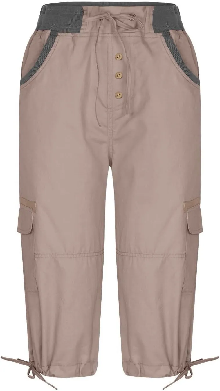 Women Hiking Cargo Capri Drawstring Waist Button Decor Capris Plus Size Joggers Sports Shorts Trousers with Pocket