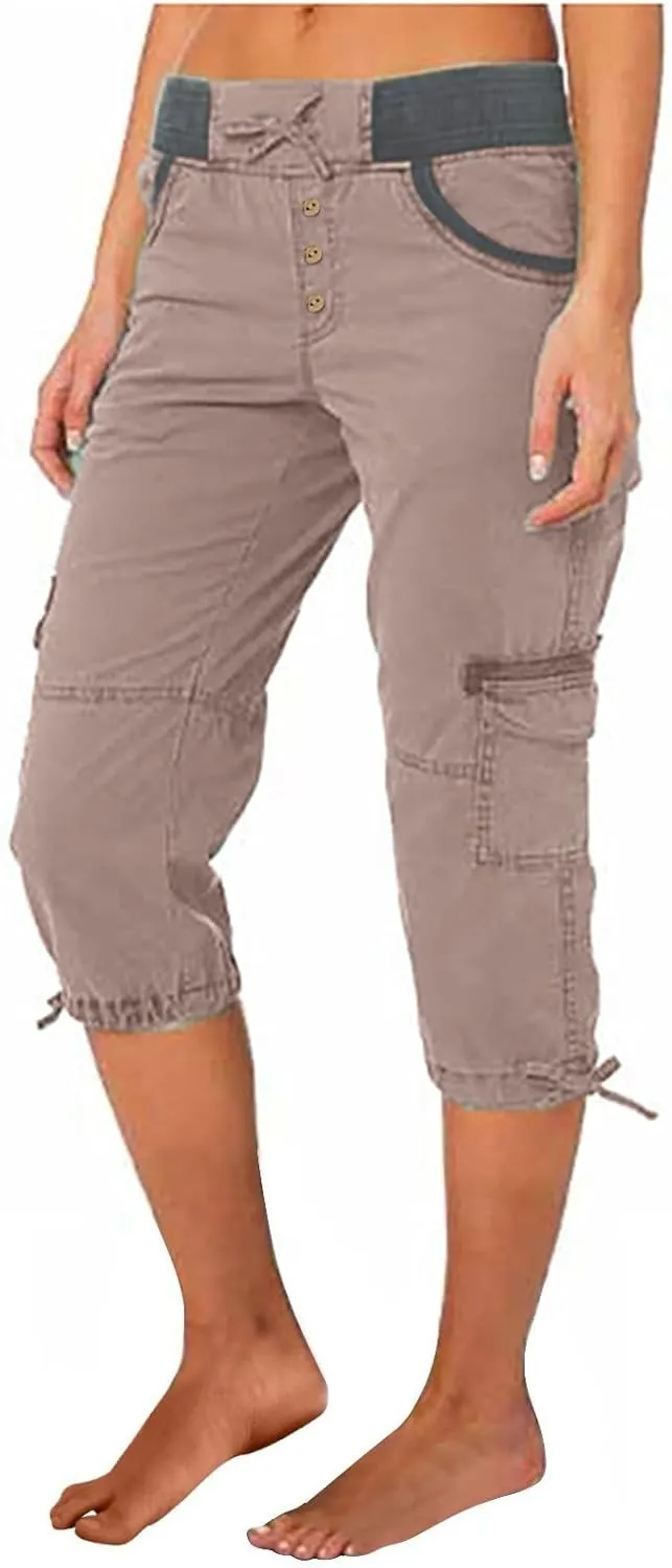 Women Hiking Cargo Capri Drawstring Waist Button Decor Capris Plus Size Joggers Sports Shorts Trousers with Pocket