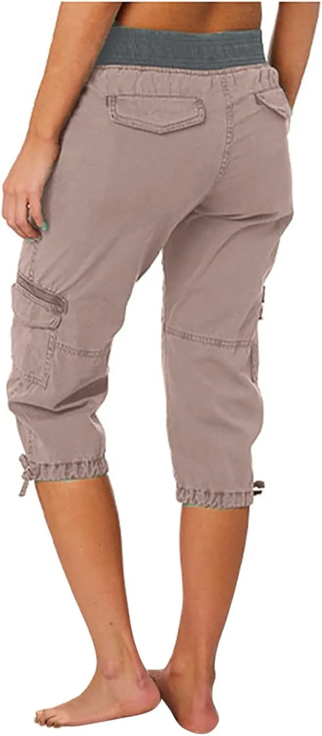 Women Hiking Cargo Capri Drawstring Waist Button Decor Capris Plus Size Joggers Sports Shorts Trousers with Pocket