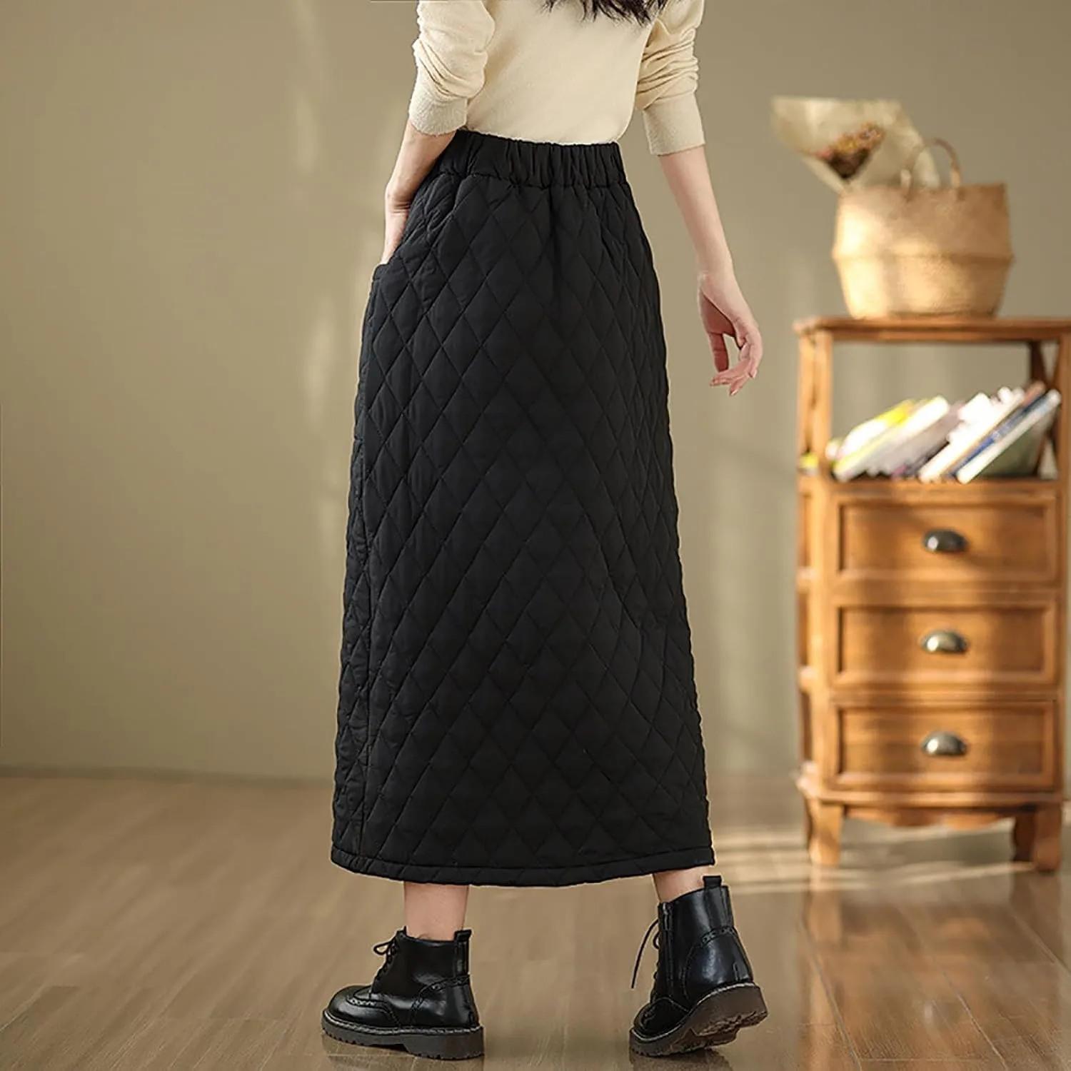 Women Lightweight Puffer Skirt Warm Quilted Skirt Zip Front High Waist Long Skirt