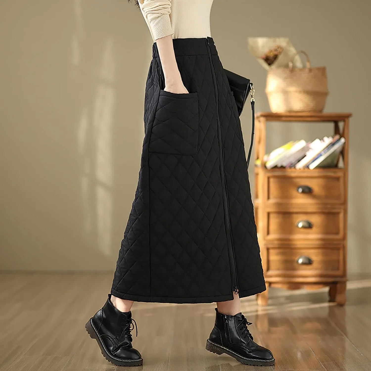 Women Lightweight Puffer Skirt Warm Quilted Skirt Zip Front High Waist Long Skirt