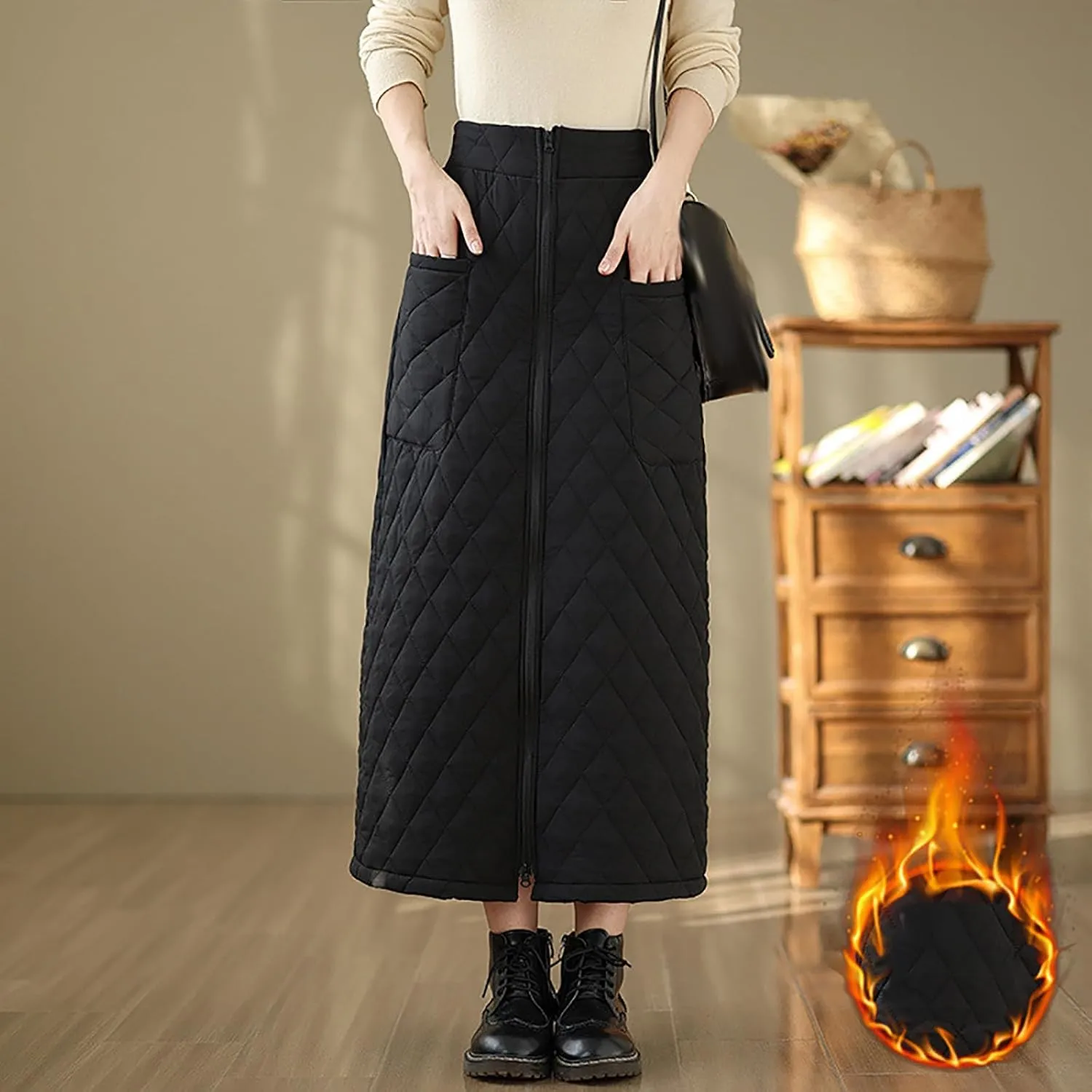 Women Lightweight Puffer Skirt Warm Quilted Skirt Zip Front High Waist Long Skirt