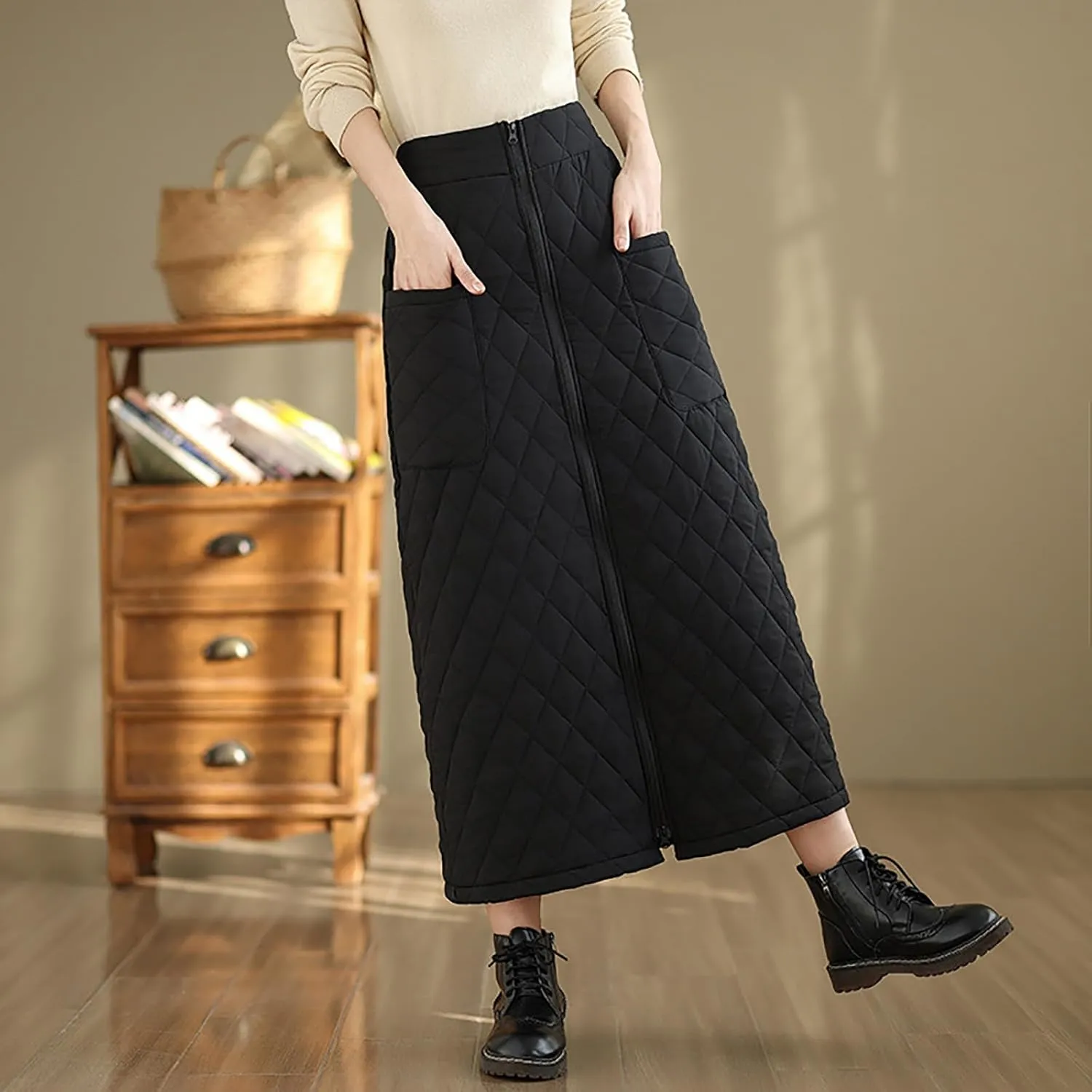 Women Lightweight Puffer Skirt Warm Quilted Skirt Zip Front High Waist Long Skirt