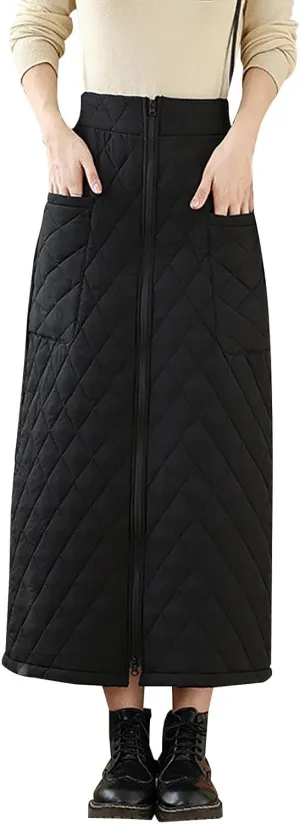 Women Lightweight Puffer Skirt Warm Quilted Skirt Zip Front High Waist Long Skirt