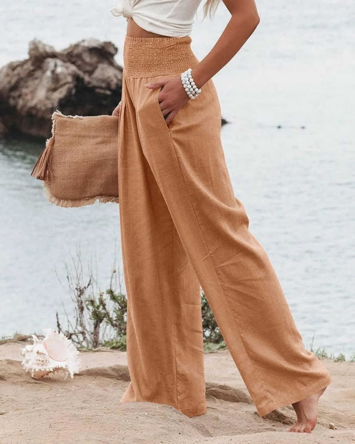 Women Linen Palazzo Pants High Waist Pant Wide Leg Flowy Pants Beach Vacation Clothes Casual Lounge Outfits