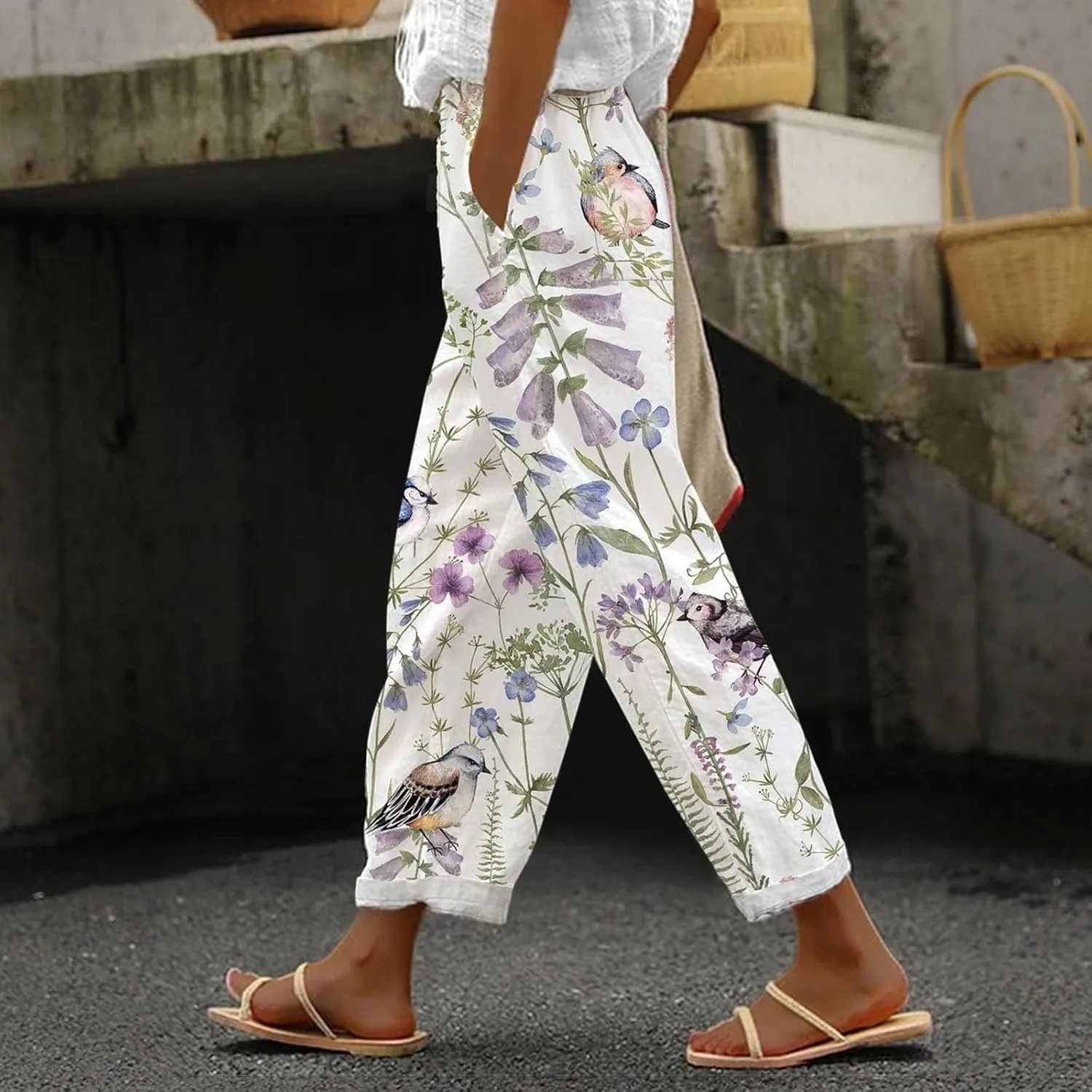 Women Linen Pants Waist Pants Drawstring Capri Pants with Pockets Wide Leg Cropped Elastic High Waist Comfy Loose