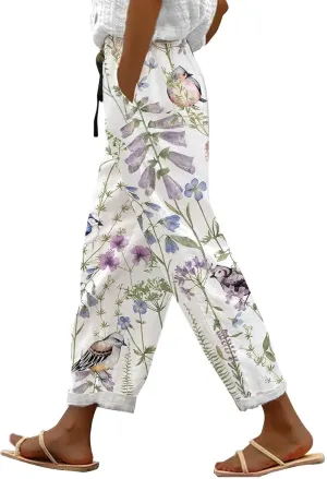 Women Linen Pants Waist Pants Drawstring Capri Pants with Pockets Wide Leg Cropped Elastic High Waist Comfy Loose