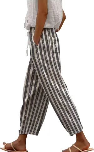 Women Linen Pants Waist Pants Drawstring Capri Pants with Pockets Wide Leg Cropped Pants for Women Lightweight Loose