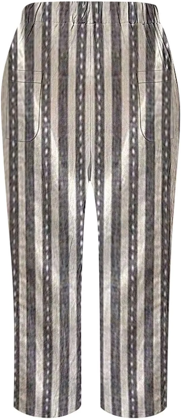Women Linen Pants Waist Pants Drawstring Capri Pants with Pockets Wide Leg Cropped Pants for Women Lightweight Loose