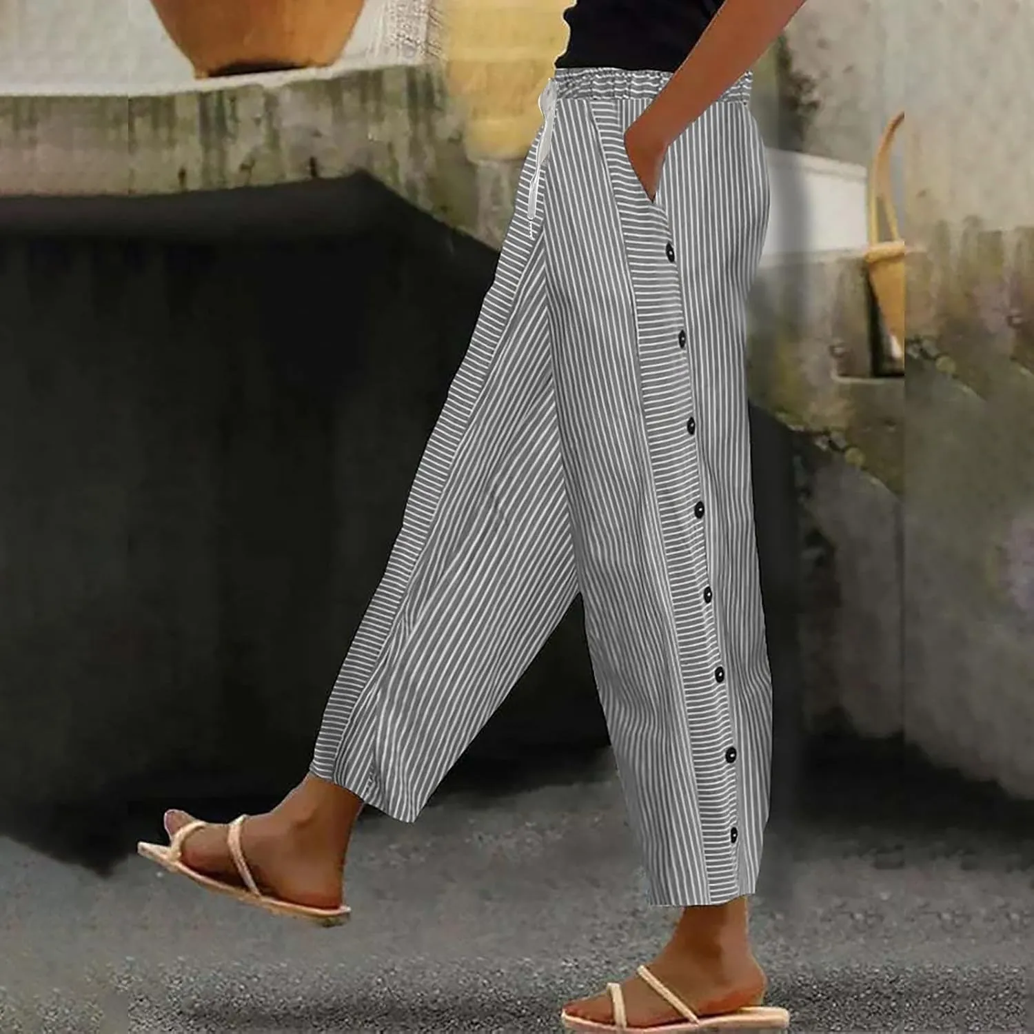 Women Oversized Striped Cropped Pants Office Work Business Trendy High Waisted Trouser Sport Jogger Casual Sweatpants