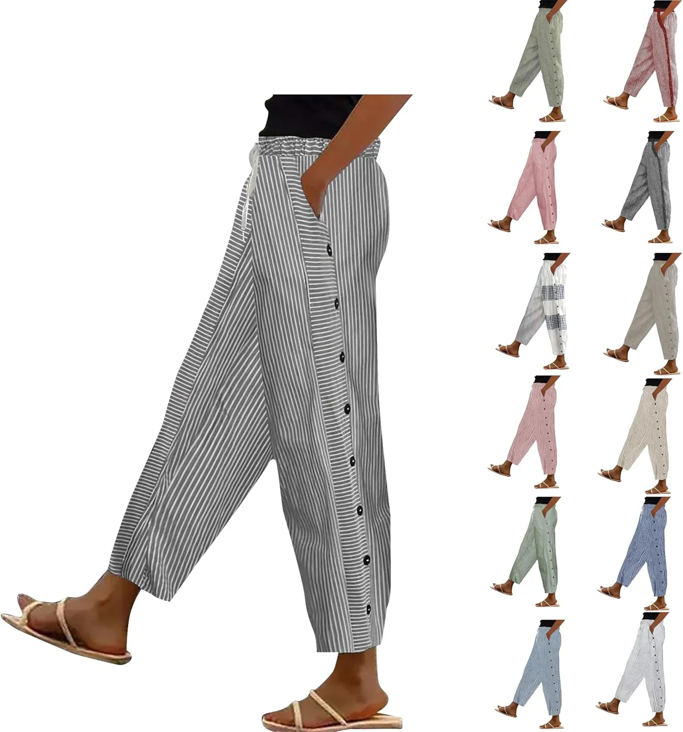 Women Oversized Striped Cropped Pants Office Work Business Trendy High Waisted Trouser Sport Jogger Casual Sweatpants
