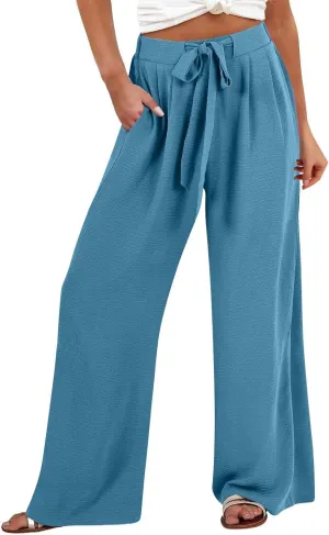 Women Wide Leg Pants 2025 Summer High Waist Casual Trousers with Belt Loose Lounge Beach Travel Vacation Clothes