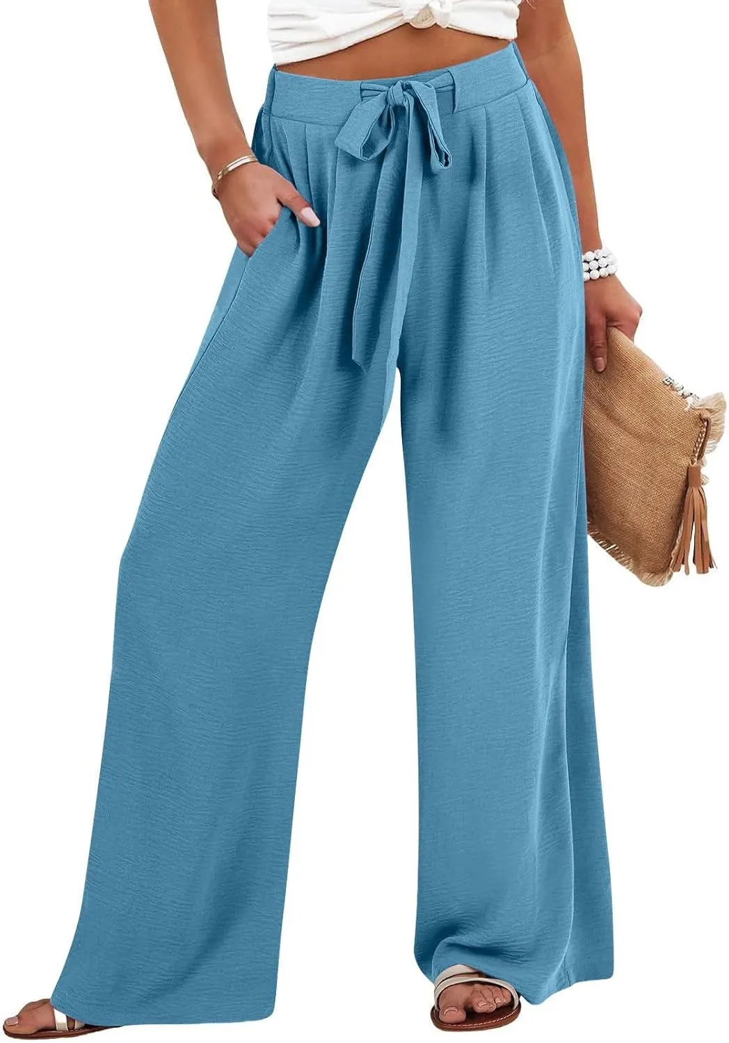 Women Wide Leg Pants 2025 Summer High Waist Casual Trousers with Belt Loose Lounge Beach Travel Vacation Clothes