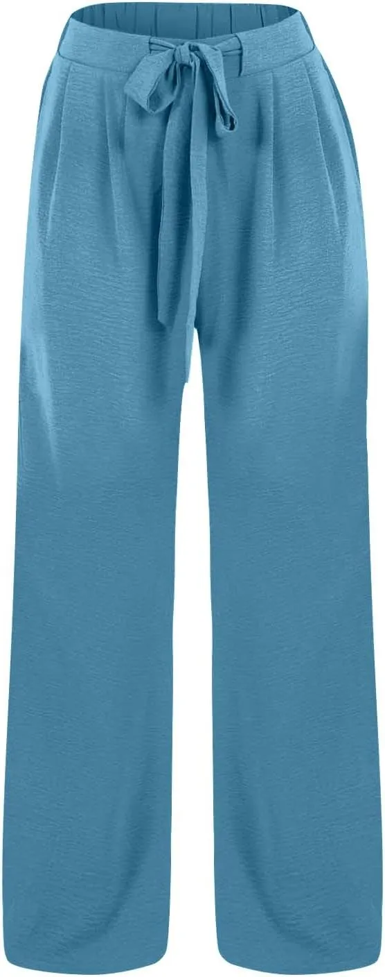 Women Wide Leg Pants 2025 Summer High Waist Casual Trousers with Belt Loose Lounge Beach Travel Vacation Clothes