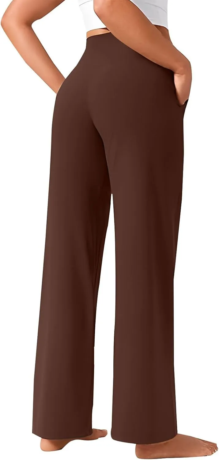Women Wide Leg Yoga Pants with Pocket High Waist Straight Leg Dress Pants Tummy Control Leggings Flare Athletic Pant