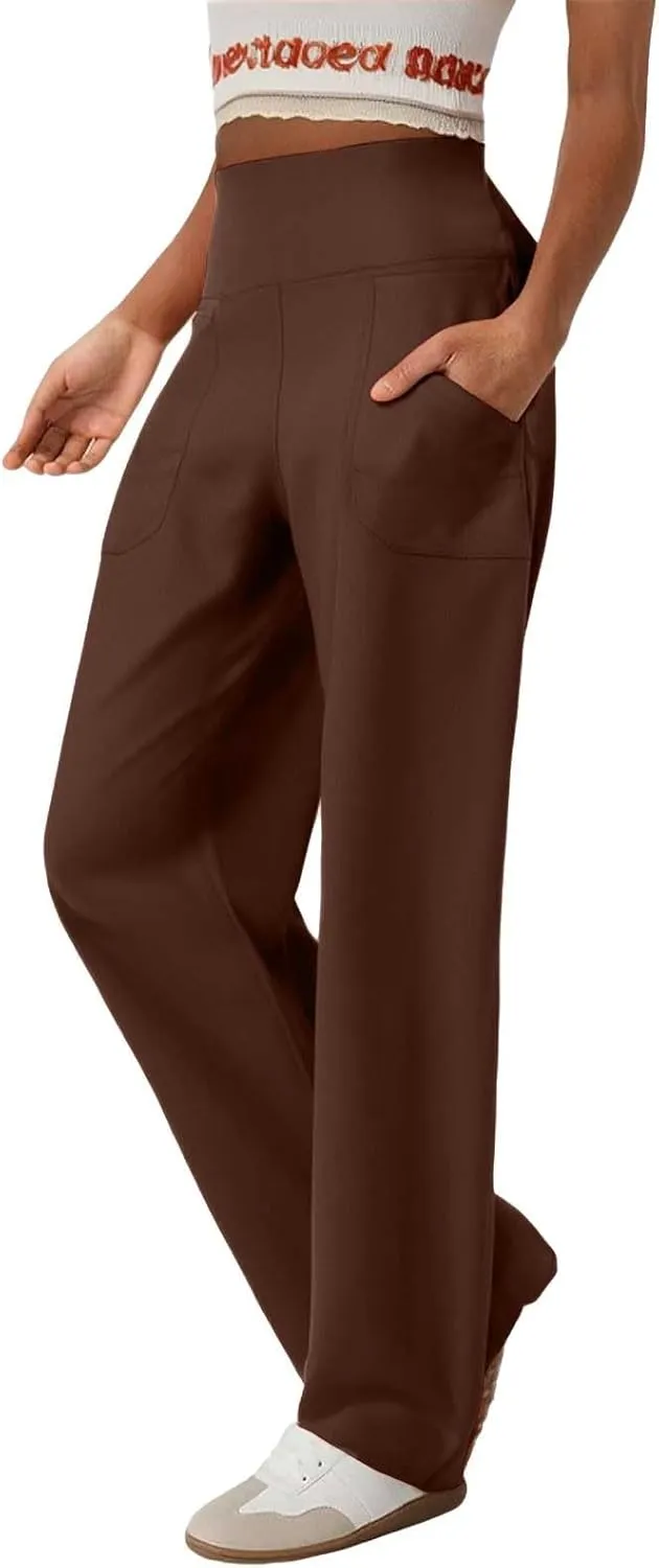 Women Wide Leg Yoga Pants with Pocket High Waist Straight Leg Dress Pants Tummy Control Leggings Flare Athletic Pant