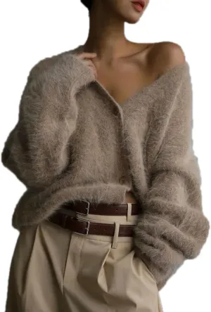 Women Winter V-Neck Mink Velvet Single-Breasted Fluffy Knitted Cardigan Sweater Slouchy Loose Soft Flexible Long-Sleeved Coat