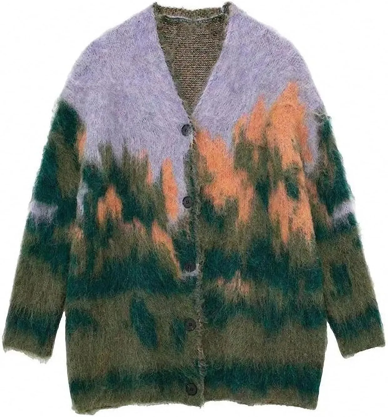Women Winter V-Neck Mink Velvet Single-Breasted Fluffy Knitted Cardigan Sweater Slouchy Loose Soft Flexible Long-Sleeved Coat